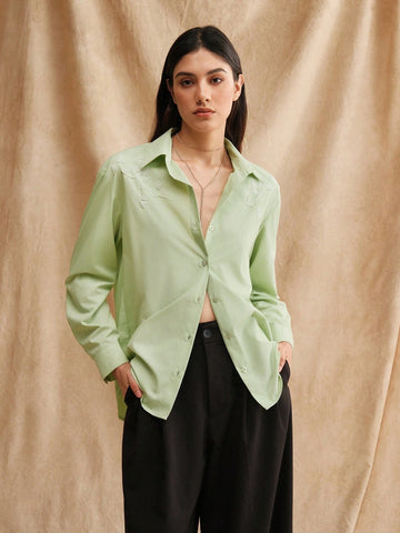 Anewsta Green Beaded Embroidery 3D Flower Women's City Shirt