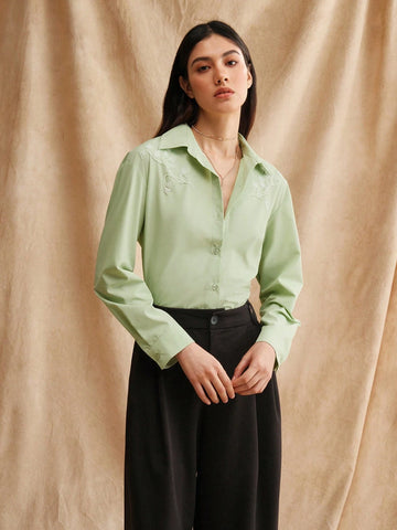 Anewsta Green Beaded Embroidery 3D Flower Women's City Shirt
