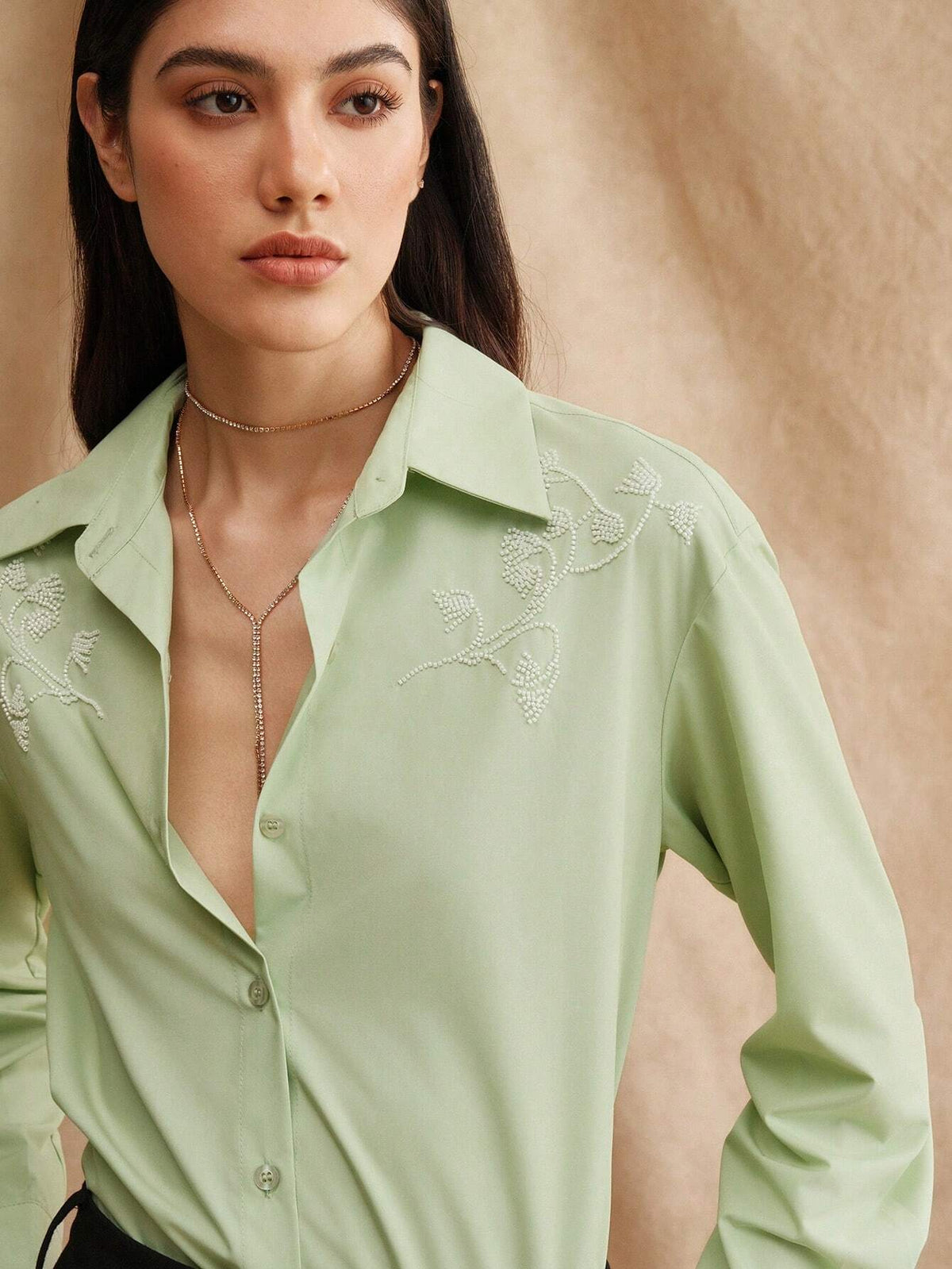 Anewsta Green Beaded Embroidery 3D Flower Women's City Shirt