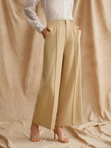 Anewsta High Waist Ladies' Khaki Wide Leg Woven Pants For Career And Workplace