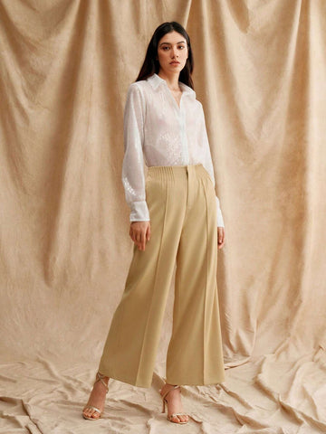 Anewsta High Waist Ladies' Khaki Wide Leg Woven Pants For Career And Workplace