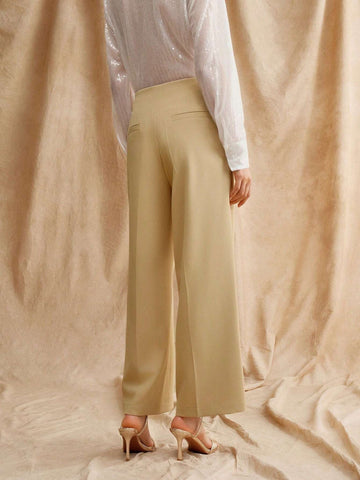 Anewsta High Waist Ladies' Khaki Wide Leg Woven Pants For Career And Workplace