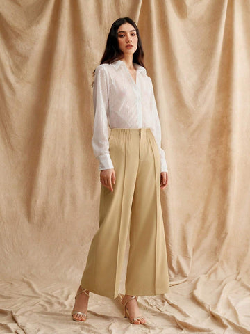 Anewsta High Waist Ladies' Khaki Wide Leg Woven Pants For Career And Workplace