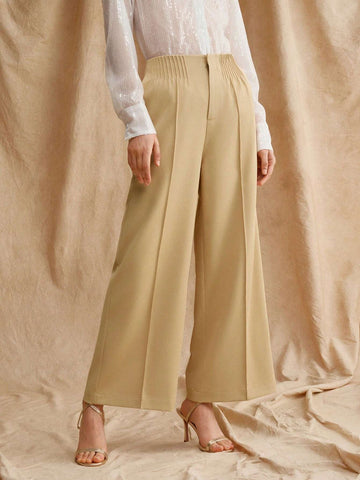 Anewsta High Waist Ladies' Khaki Wide Leg Woven Pants For Career And Workplace