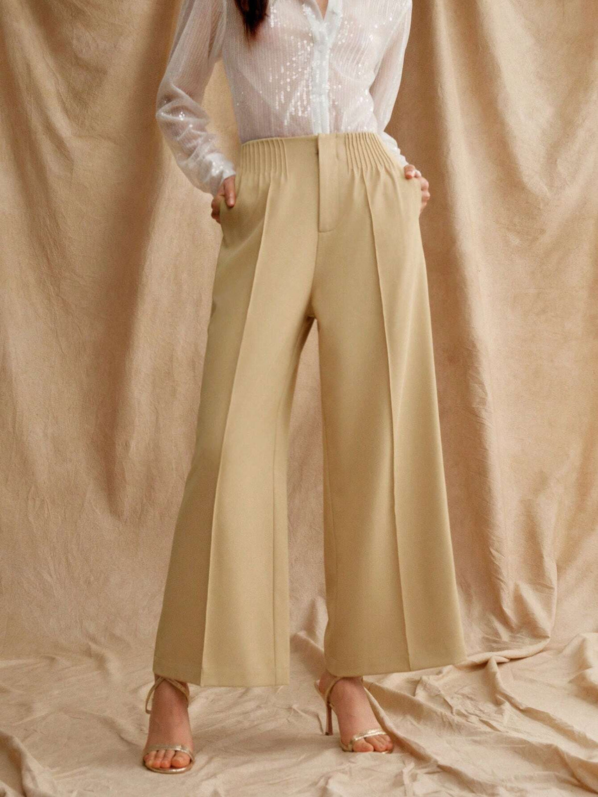 Anewsta High Waist Ladies' Khaki Wide Leg Woven Pants For Career And Workplace