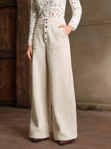 Anewsta High Waist Metal Buckle Woven Fabric Wide Leg Pants