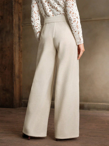 Anewsta High Waist Metal Buckle Woven Fabric Wide Leg Pants