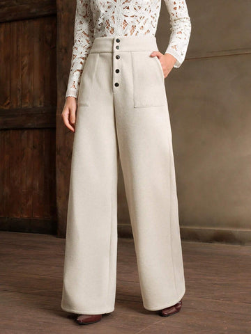 Anewsta High Waist Metal Buckle Woven Fabric Wide Leg Pants