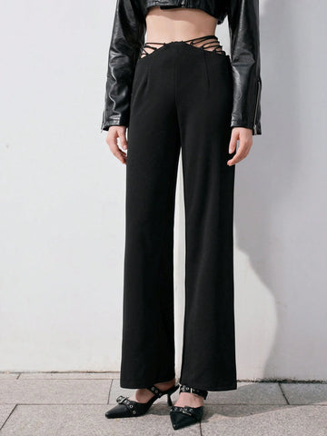 Anewsta High Waist Solid Color Hollow Out Side Long Pants