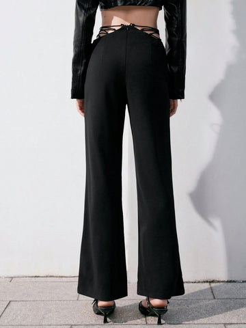 Anewsta High Waist Solid Color Hollow Out Side Long Pants