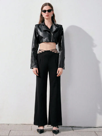 Anewsta High Waist Solid Color Hollow Out Side Long Pants