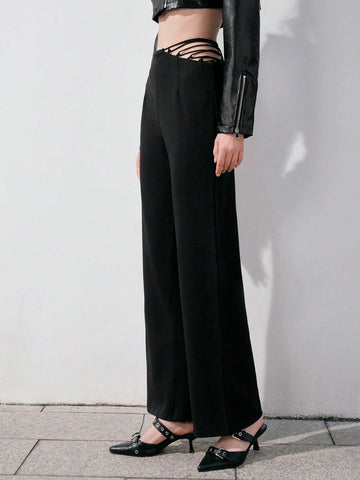 Anewsta High Waist Solid Color Hollow Out Side Long Pants