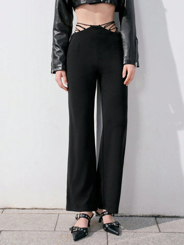 Anewsta High Waist Solid Color Hollow Out Side Long Pants