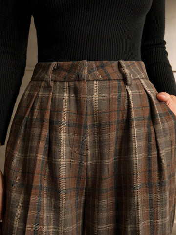 Anewsta High Waisted Straight Leg Plaid Wool Blend Pants For Office Lady, Autumn/Winter