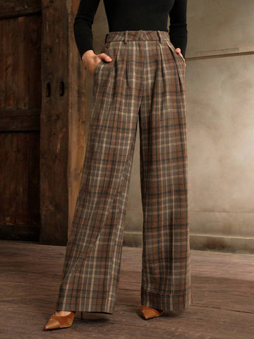 Anewsta High Waisted Straight Leg Plaid Wool Blend Pants For Office Lady, Autumn/Winter