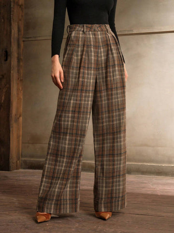 Anewsta High Waisted Straight Leg Plaid Wool Blend Pants For Office Lady, Autumn/Winter