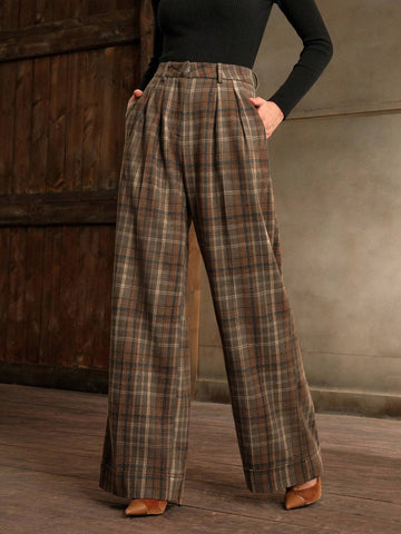 Anewsta High Waisted Straight Leg Plaid Wool Blend Pants For Office Lady, Autumn/Winter