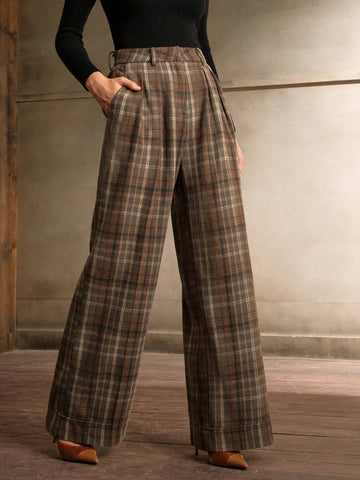 Anewsta High Waisted Straight Leg Plaid Wool Blend Pants For Office Lady, Autumn/Winter