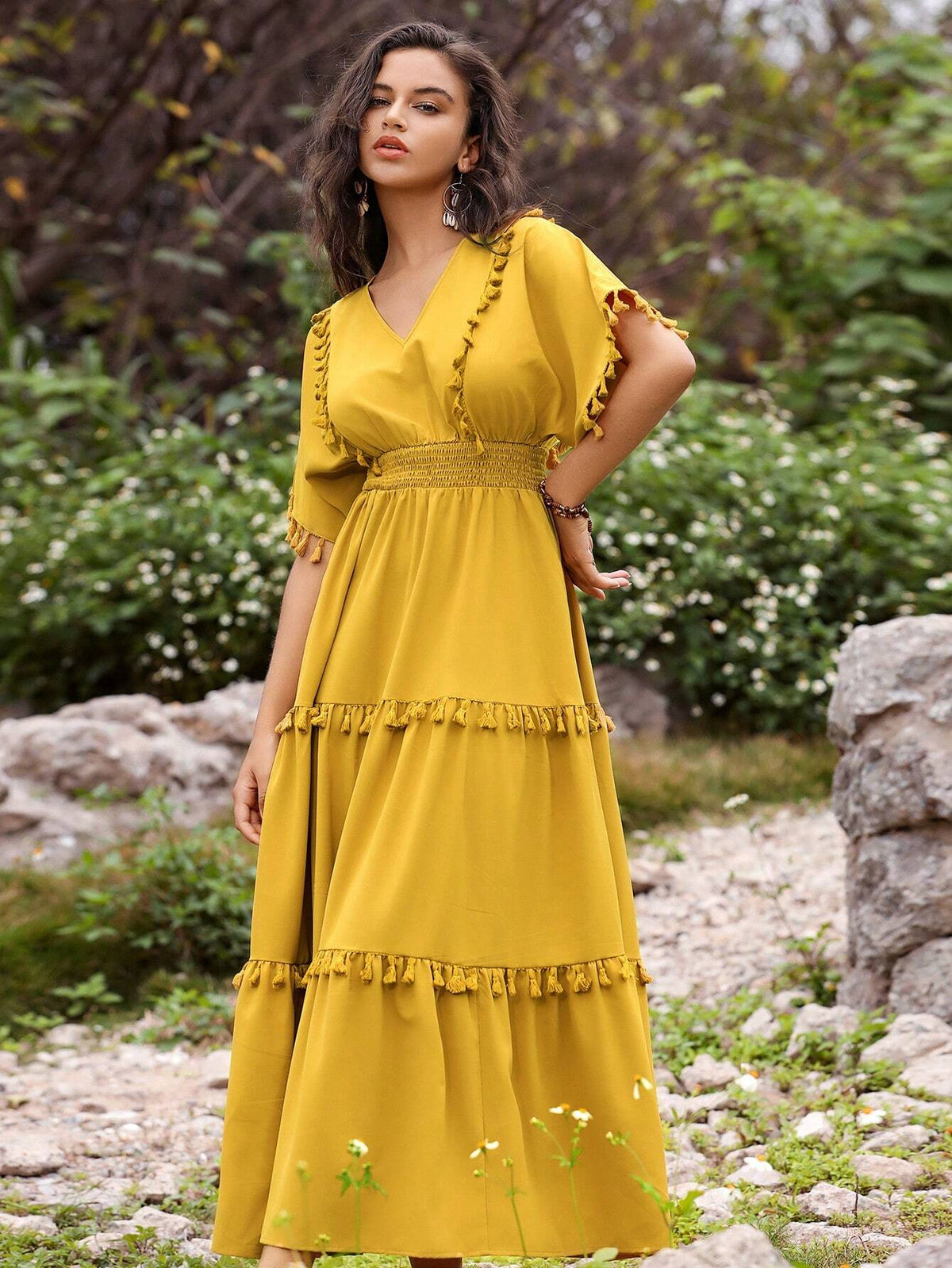 Anewsta Holiday Yellow Fringed Decor Belted Dress