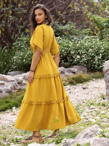 Anewsta Holiday Yellow Fringed Decor Belted Dress