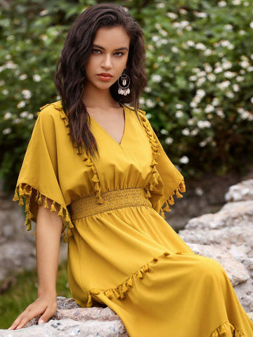 Anewsta Holiday Yellow Fringed Decor Belted Dress