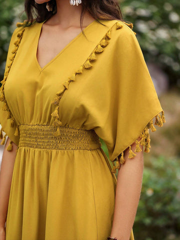 Anewsta Holiday Yellow Fringed Decor Belted Dress