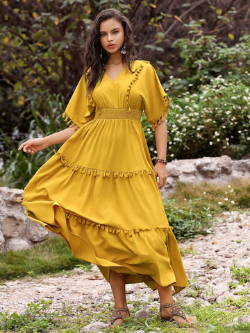 Anewsta Holiday Yellow Fringed Decor Belted Dress