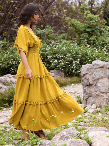 Anewsta Holiday Yellow Fringed Decor Belted Dress
