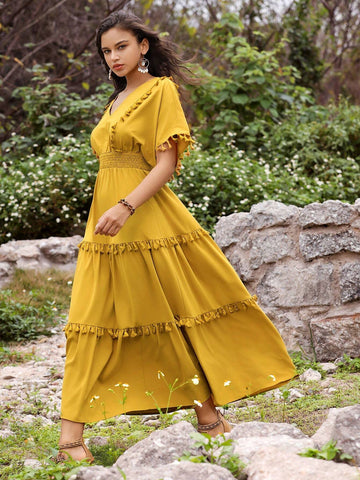 Anewsta Holiday Yellow Fringed Decor Belted Dress