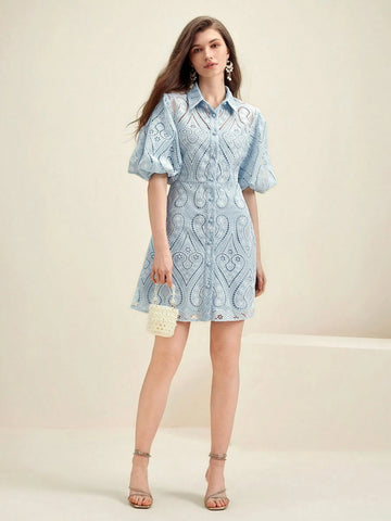 Anewsta Hollow Out Embroidery Bubble Sleeve Shirt Collar Elegant Dress