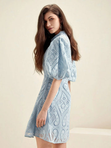 Anewsta Hollow Out Embroidery Bubble Sleeve Shirt Collar Elegant Dress