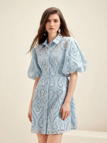 Anewsta Hollow Out Embroidery Bubble Sleeve Shirt Collar Elegant Dress