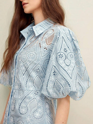 Anewsta Hollow Out Embroidery Bubble Sleeve Shirt Collar Elegant Dress