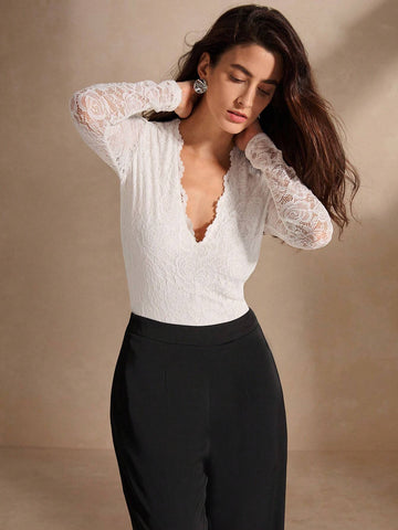 Anewsta Lace Deep V-Neck Sheer Long Sleeve Women's Elegant Bodysuit