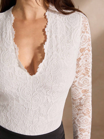 Anewsta Lace Deep V-Neck Sheer Long Sleeve Women's Elegant Bodysuit