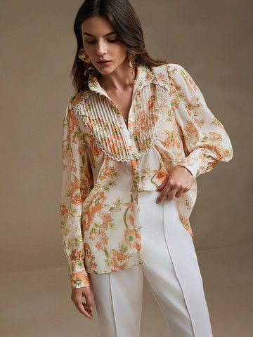 Anewsta Lace Lantern Sleeve Printed Stand Collar Shirt With Single-Breasted Closure