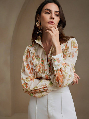 Anewsta Lace Lantern Sleeve Printed Stand Collar Shirt With Single-Breasted Closure