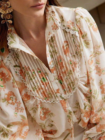 Anewsta Lace Lantern Sleeve Printed Stand Collar Shirt With Single-Breasted Closure