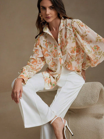 Anewsta Lace Lantern Sleeve Printed Stand Collar Shirt With Single-Breasted Closure