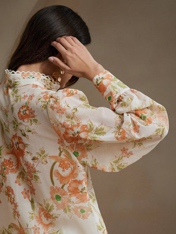 Anewsta Lace Lantern Sleeve Printed Stand Collar Shirt With Single-Breasted Closure