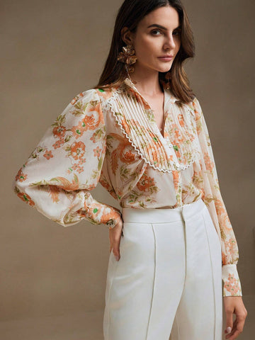 Anewsta Lace Lantern Sleeve Printed Stand Collar Shirt With Single-Breasted Closure
