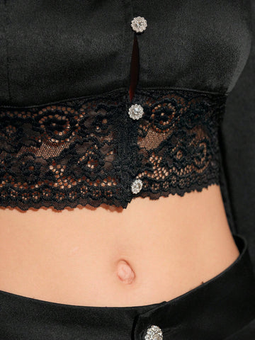 Anewsta Lace Spliced Lantern Sleeve Top And Wide Leg Pants Set