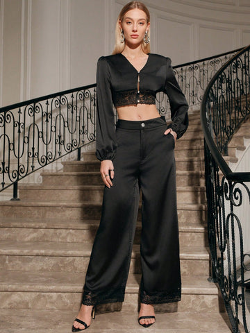 Anewsta Lace Spliced Lantern Sleeve Top And Wide Leg Pants Set