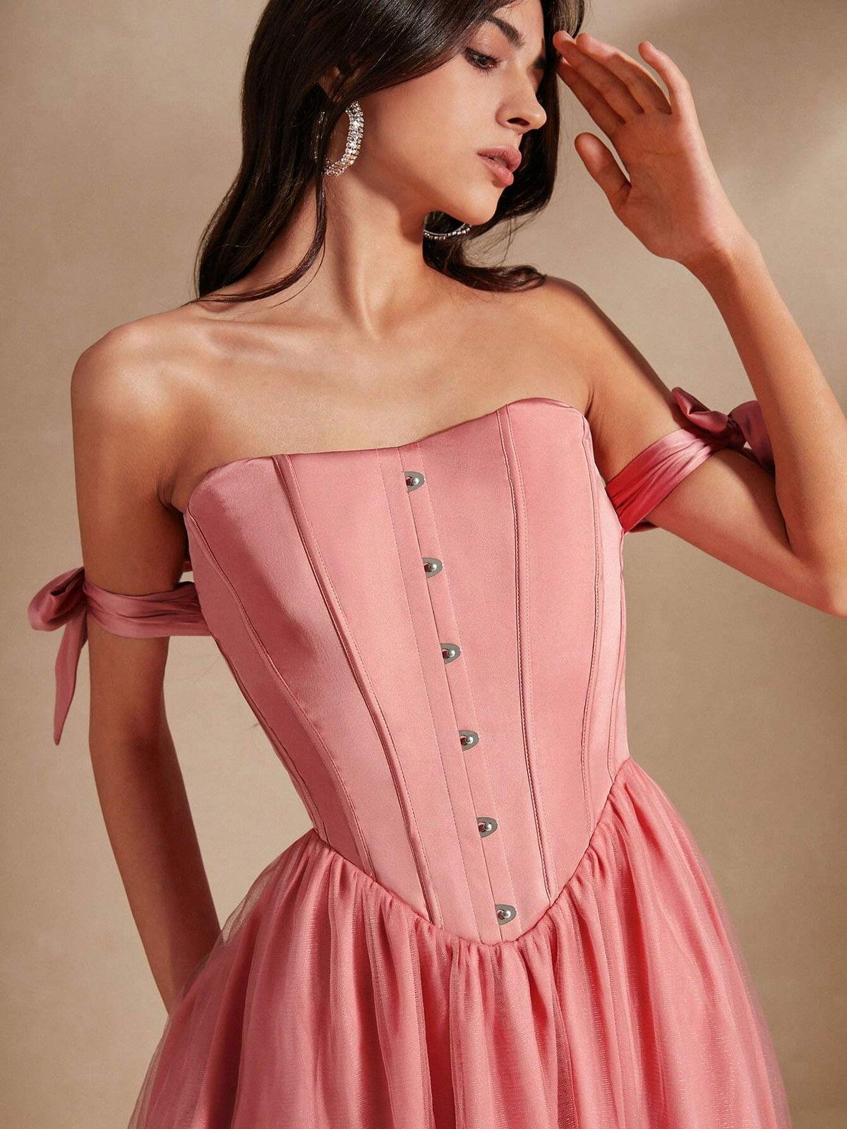 Anewsta Ladies" Coral Pink Tender And Elegant One-Shoulder Thin Mesh X-Shaped Net Short Dress With Shoulder Straps