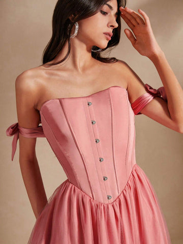 Anewsta Ladies" Coral Pink Tender And Elegant One-Shoulder Thin Mesh X-Shaped Net Short Dress With Shoulder Straps