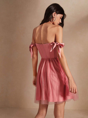 Anewsta Ladies" Coral Pink Tender And Elegant One-Shoulder Thin Mesh X-Shaped Net Short Dress With Shoulder Straps