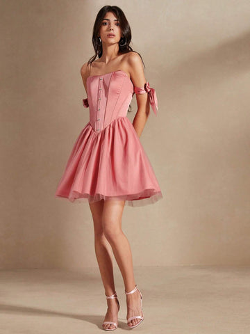 Anewsta Ladies" Coral Pink Tender And Elegant One-Shoulder Thin Mesh X-Shaped Net Short Dress With Shoulder Straps