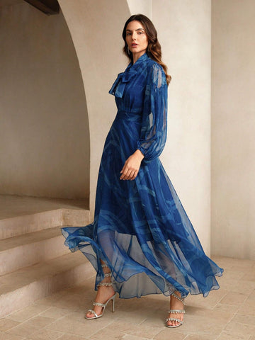 Anewsta Ladies' Delicate Klein Blue Ribbon Printed Dress