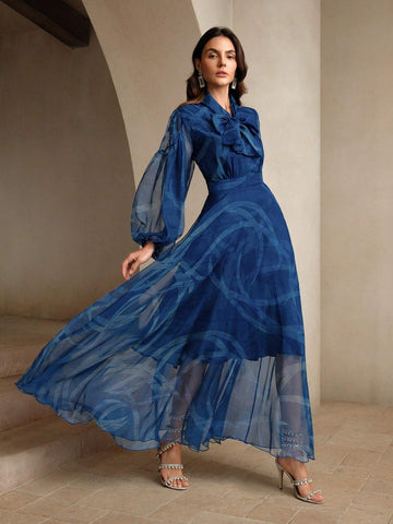 Anewsta Ladies' Delicate Klein Blue Ribbon Printed Dress