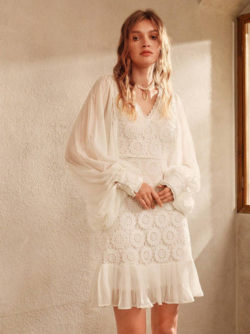 Anewsta Ladies' Elegant White Lace Vacation Dress